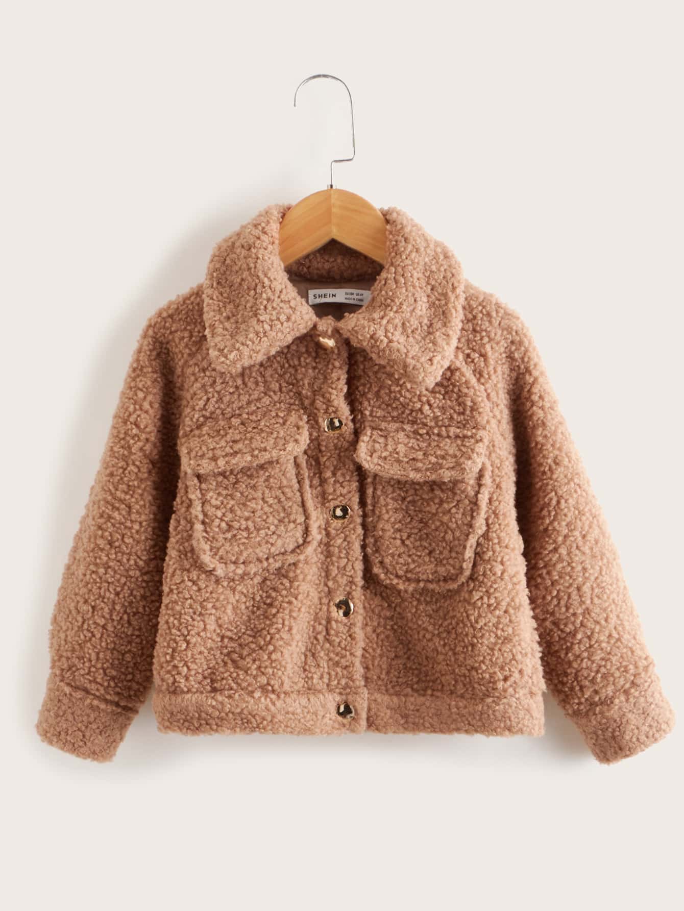 SHEIN Toddler Girls Flap Pocket Raglan Sleeve Teddy Jacket