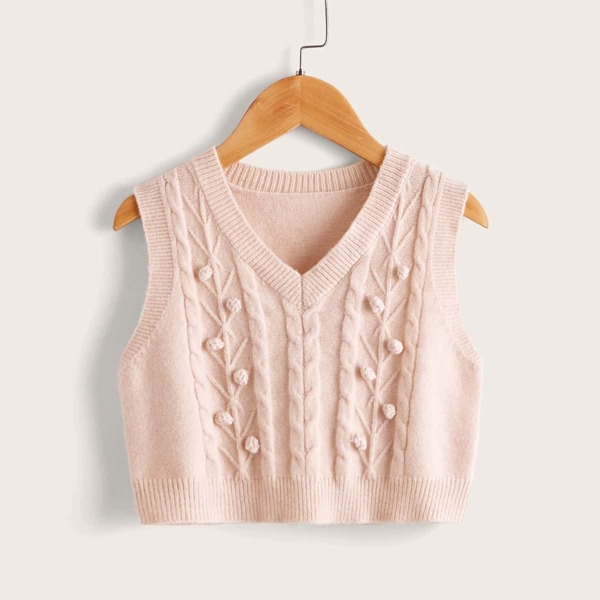 

Toddler Girls Solid Pompom Detail Sweater Vest, Baby pink