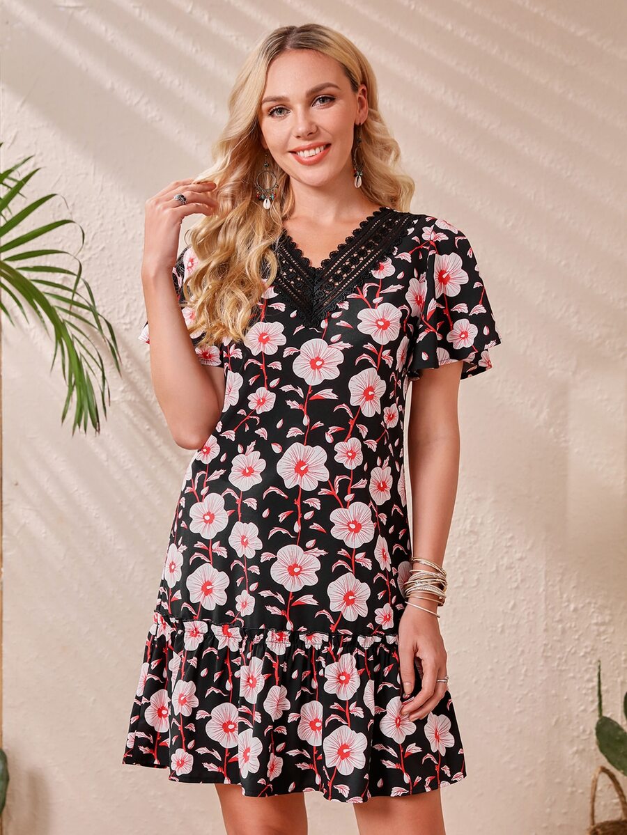 SHEIN Đầm Tương phản ren Viên lá sen Hoa Boho - Nhiều màu - Xem 1