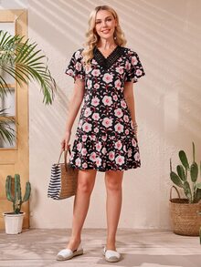 SHEIN Đầm Tương phản ren Viên lá sen Hoa Boho - Nhiều màu - Xem 4