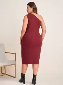 SHEIN Unity 大碼單肩條紋針織毛衣裙 - 酒紅色 - 查看 2