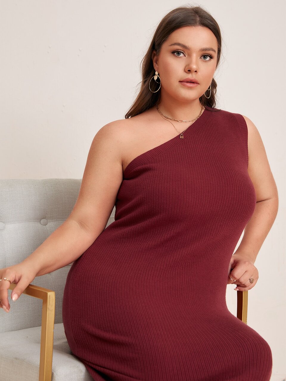 Plus One Shoulder Ribbed Knit Sweater Dress