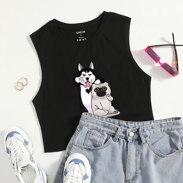 

Cartoon Graphic Tank Top, Black