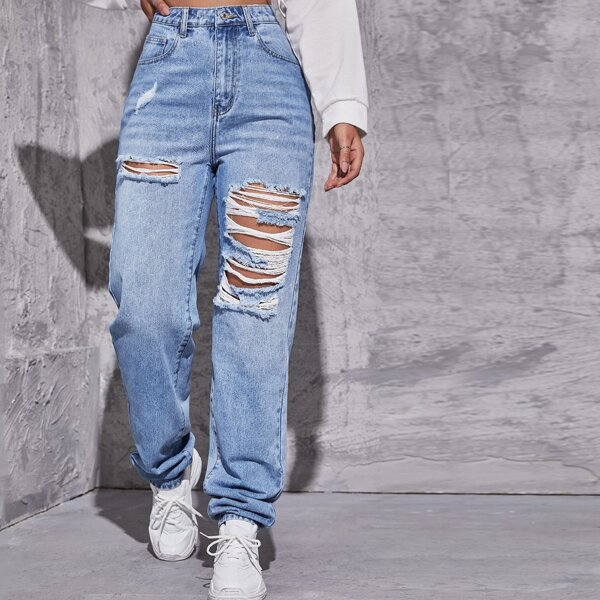 

High Waist Straight Leg Ripped Jeans, Light wash