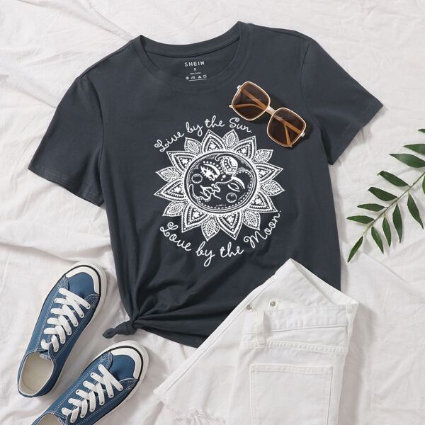 

Sun & Slogan Graphic Tee, Dark grey