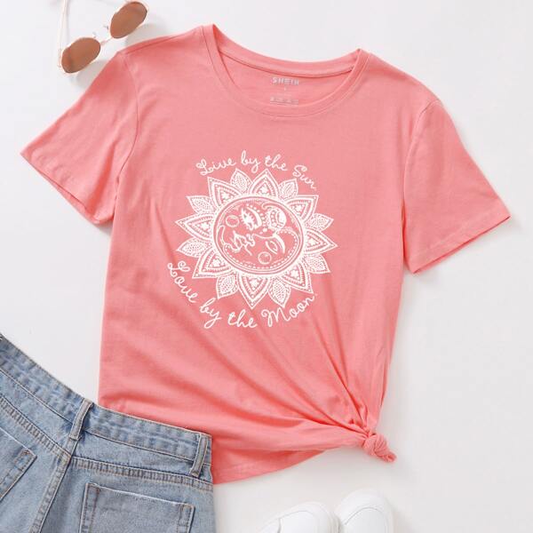 

Figure And Slogan Graphic Tee, Watermelon pink