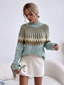 SHEIN Essnce Striped And Chevron Pattern Raglan Sleeve Sweater