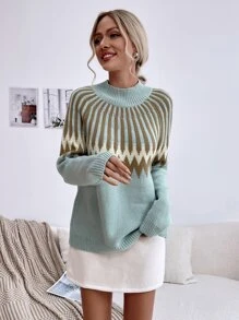SHEIN Essnce Striped And Chevron Pattern Raglan Sleeve Sweater