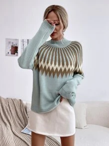 SHEIN Essnce Striped And Chevron Pattern Raglan Sleeve Sweater