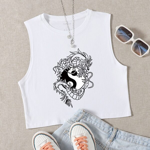 

Chinese Dragon & Tai Chi Print Crop Tank Top, White
