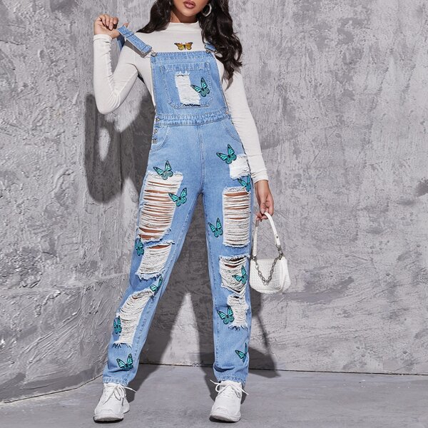 

Butterfly Embroidery Ripped Denim Overalls, Light wash