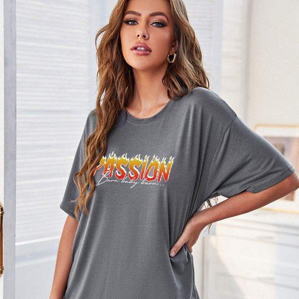 

Drop Shoulder Letter & Fire Print Tee, Dark grey