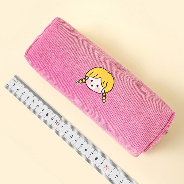 

Cartoon Girl Print Pencil Bag, Hot pink