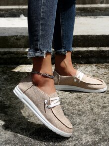 繫帶帆布一腳蹬平底鞋 - 卡其色 - 查看 1