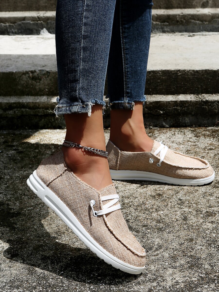 繫帶帆布一腳蹬平底鞋 - 卡其色 - 查看 1