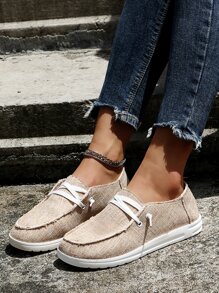 繫帶帆布一腳蹬平底鞋 - 卡其色 - 查看 2