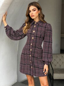 Chiquease Plaid Button Front Bishop Sleeve Tweed Dress - Multicolor - View 1