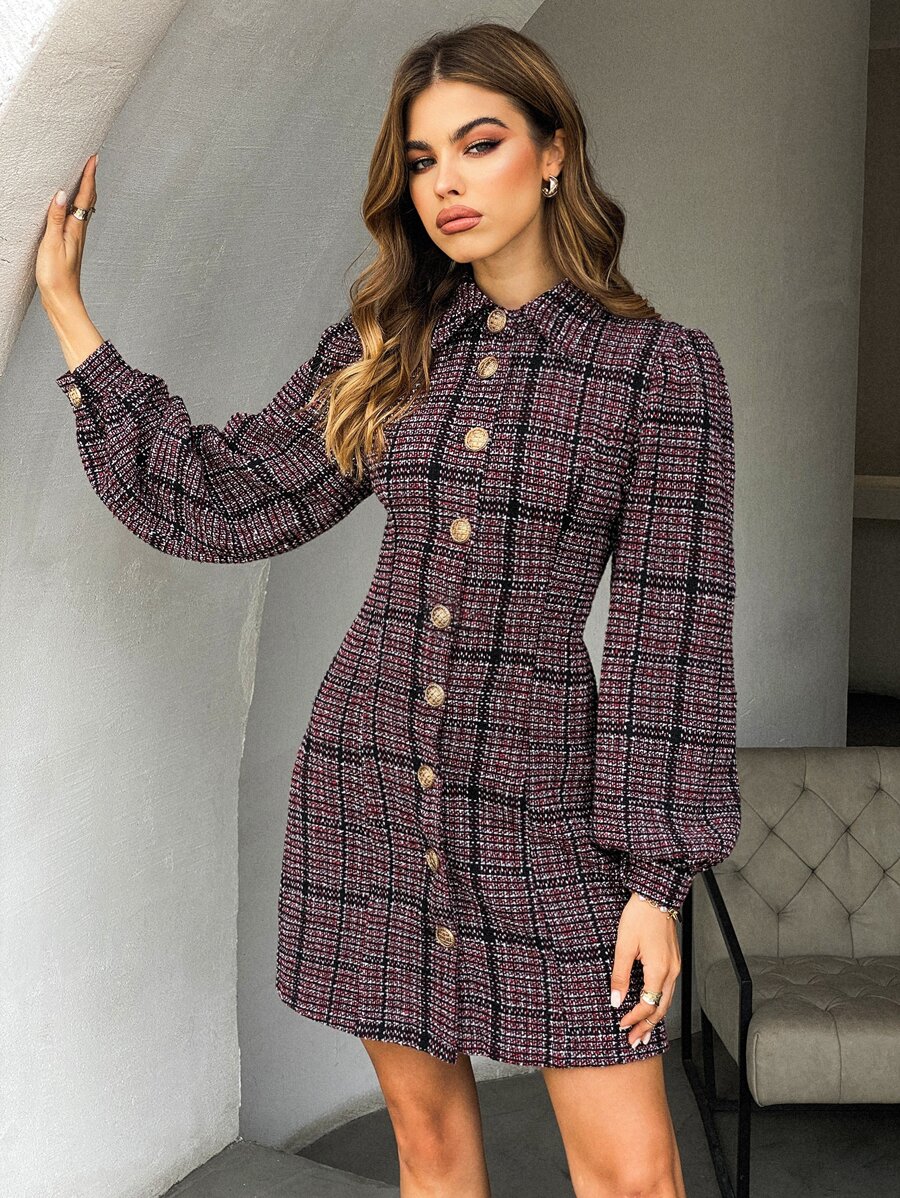 Chiquease Plaid Button Front Bishop Sleeve Tweed Dress - Multicolor - View 1