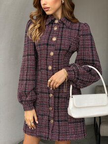 Chiquease Plaid Button Front Bishop Sleeve Tweed Dress - Multicolor - View 3