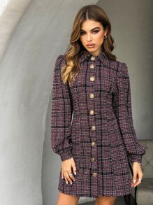 Chiquease Plaid Button Front Bishop Sleeve Tweed Dress - Multicolor - View 4