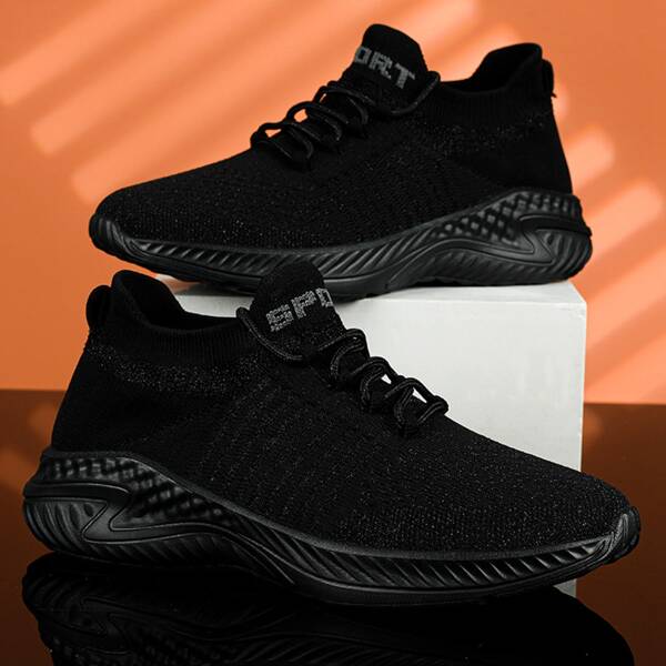 

Men Knit Detail Lace-up Front Running Shoes, Black