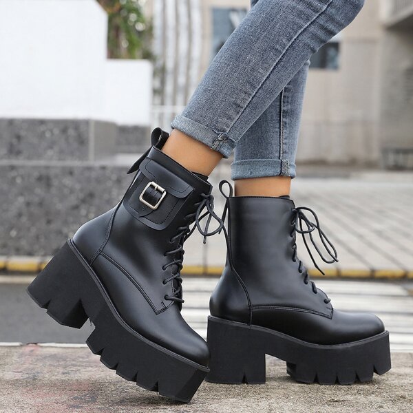 

Buckle Decor Lace-up Front Wedge Boots, Black
