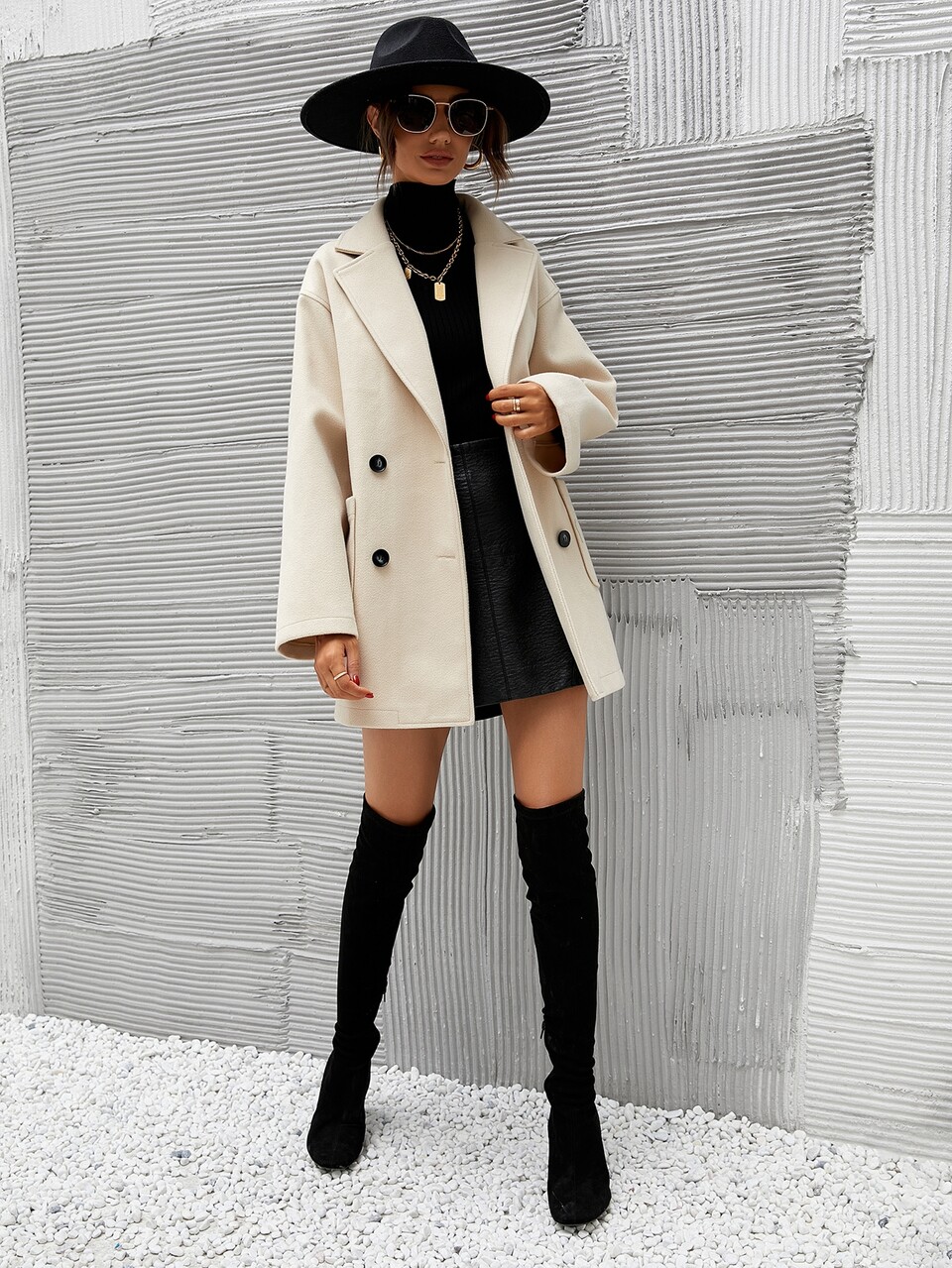 Double Breasted Lapel Collar Overcoat Fall Winter Cloth For Women