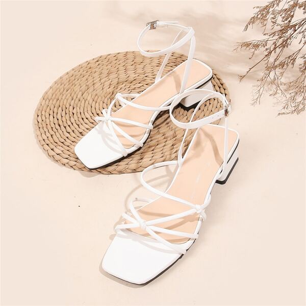 

Thin Strap Chunky Heeled Strappy Sandals, White