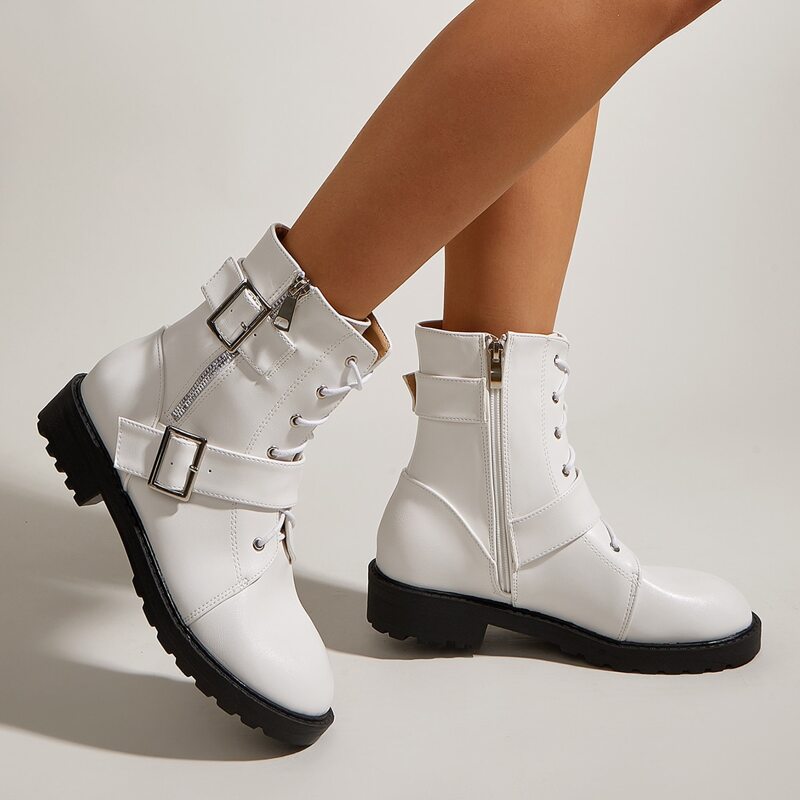 

Buckle Decor Side Zipper Boots, White