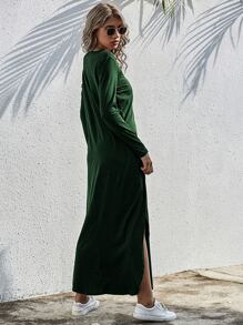 SHEIN LUNE Vestido estilo camiseta unicolor bajo con abertura - Verde Oscuro - Ver 2