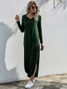 SHEIN LUNE Vestido estilo camiseta unicolor bajo con abertura - Verde Oscuro - Ver 5