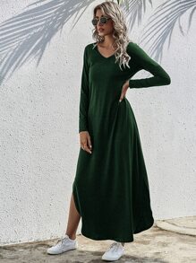SHEIN LUNE Vestido estilo camiseta unicolor bajo con abertura - Verde Oscuro - Ver 4