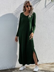 SHEIN LUNE Vestido estilo camiseta unicolor bajo con abertura - Verde Oscuro - Ver 6