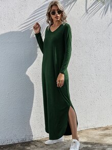 SHEIN LUNE Vestido estilo camiseta unicolor bajo con abertura - Verde Oscuro - Ver 7