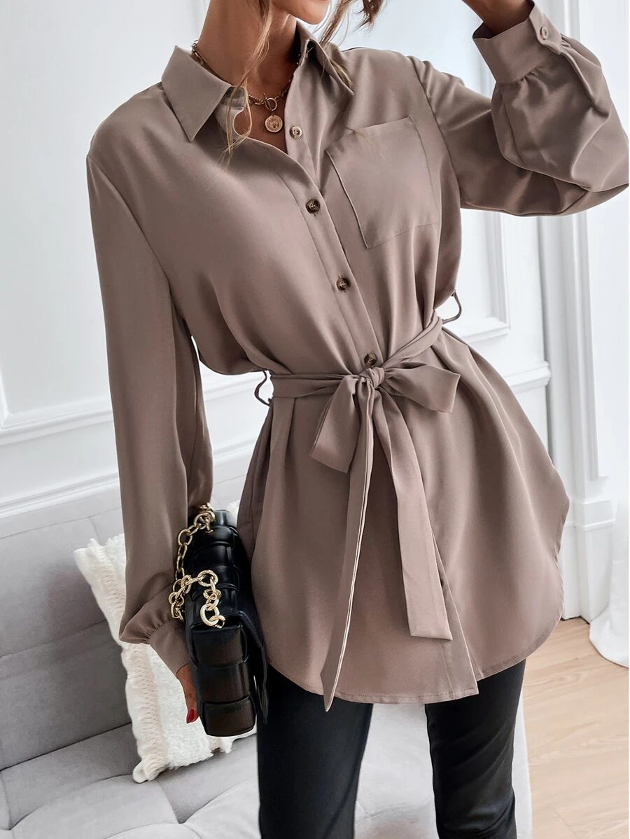 Chiquease Solid Button Front Belted Shirt Fall Cloth For Women - Mocha Brown - View 1