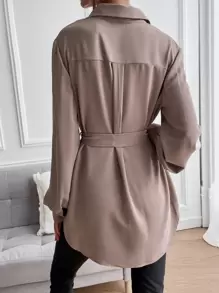Chiquease Solid Button Front Belted Shirt Fall Cloth For Women - Mocha Brown - View 2