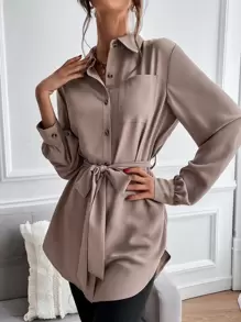 Chiquease Solid Button Front Belted Shirt Fall Cloth For Women - Mocha Brown - View 3