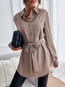 Chiquease Solid Button Front Belted Shirt Fall Cloth For Women - Mocha Brown - View 4