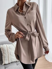 Chiquease Solid Button Front Belted Shirt Fall Cloth For Women - Mocha Brown - View 5