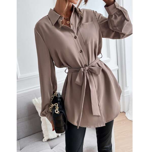 

Solid Button Front Belted Blouse, Mocha brown