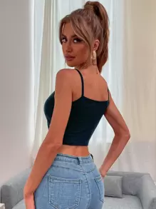 SHEIN SXY Half Button Crop Cami Top - Navy Blue - View 2