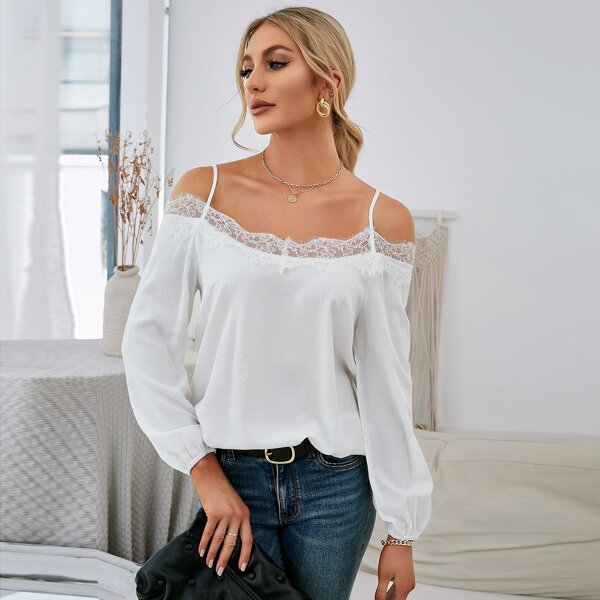 

Contrast Lace Cold Shoulder Blouse, White