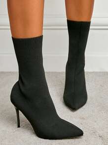 Minimalist Stiletto Heeled Sock Boots - Black - View 1