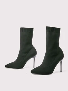 Minimalist Stiletto Heeled Sock Boots - Black - View 2