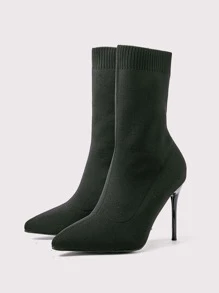 Minimalist Stiletto Heeled Sock Boots - Black - View 4