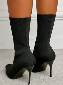 Minimalist Stiletto Heeled Sock Boots - Black - View 6