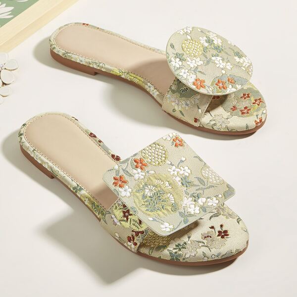 

Floral Embroidered Flat Sandals, Multicolor