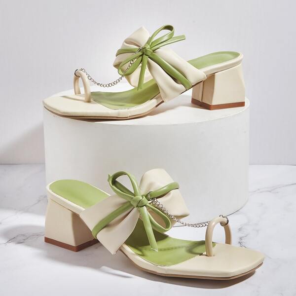 

Bow Decor Toe Ring Chunky Mules, Green
