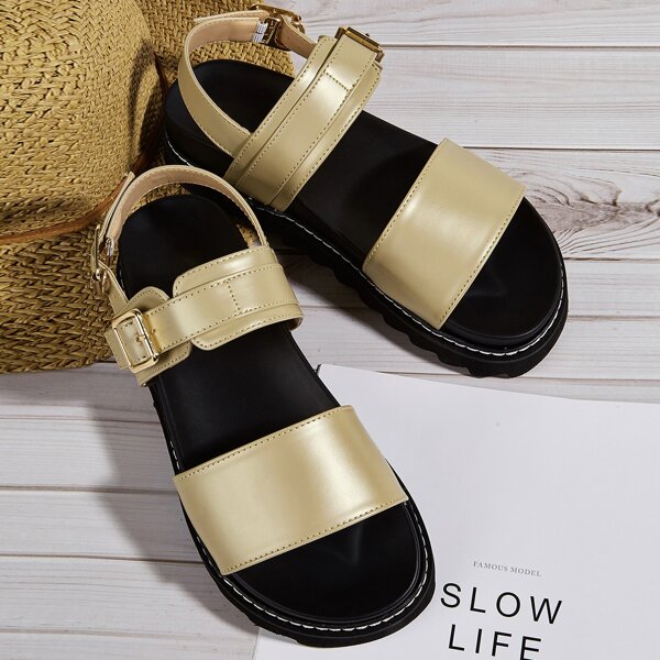 

Metallic Print Buckle Detail Sandals, Gold