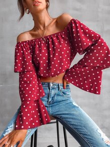 SHEIN Frenchy Polka Dot Off Shoulder Layered Sleeve Blouse - Burgundy - View 1